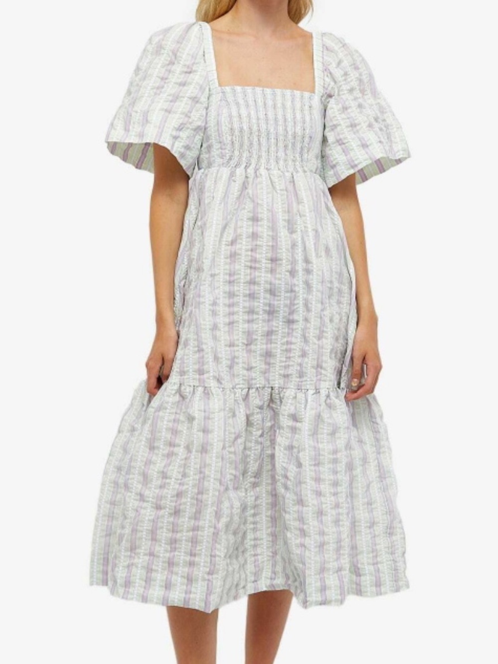 GANNI Striped Seersucker Smocked Tiered Midi Dress Mauve Chalk Size 38